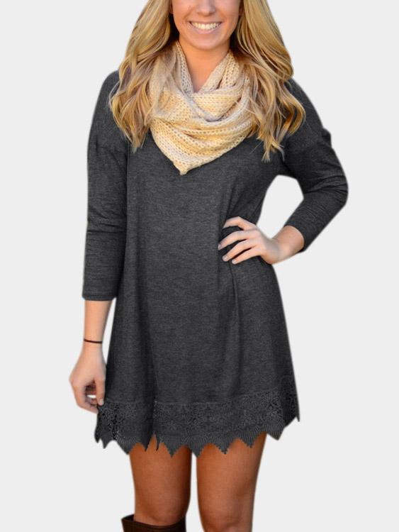 Dark Grey 3/4 Sleeve Length Plain Lace Mini Dress