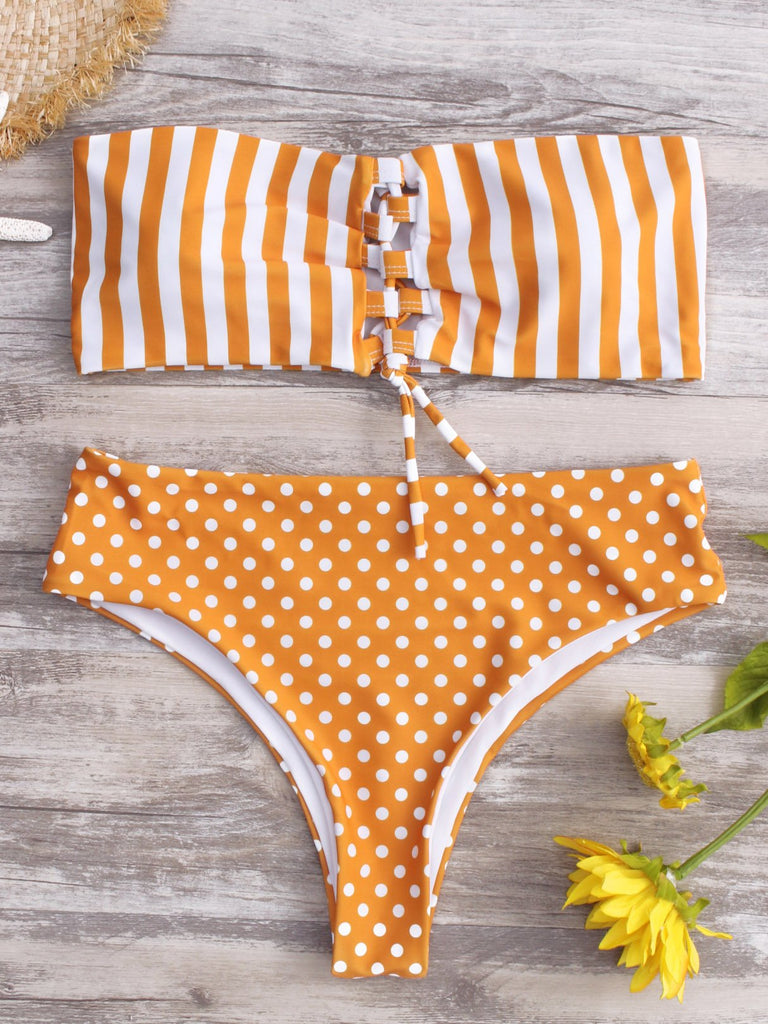 Yellow Bateau Sleeveless Stripe Polka Dot Backless Lace-Up Bikini Suits