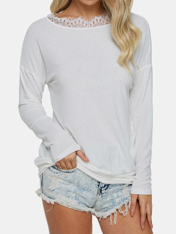 Round Neck Plain Lace Long Sleeve T-Shirt