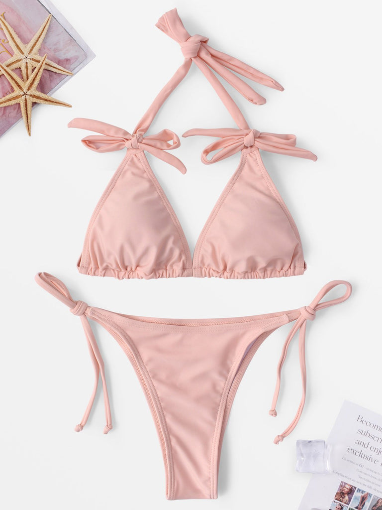 V-Neck Sleeveless Plain Lace-Up Bowknot Tie-Up Bikinis