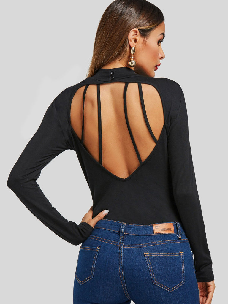 Round Neck Plain Backless Cut Out Long Sleeve Black Top