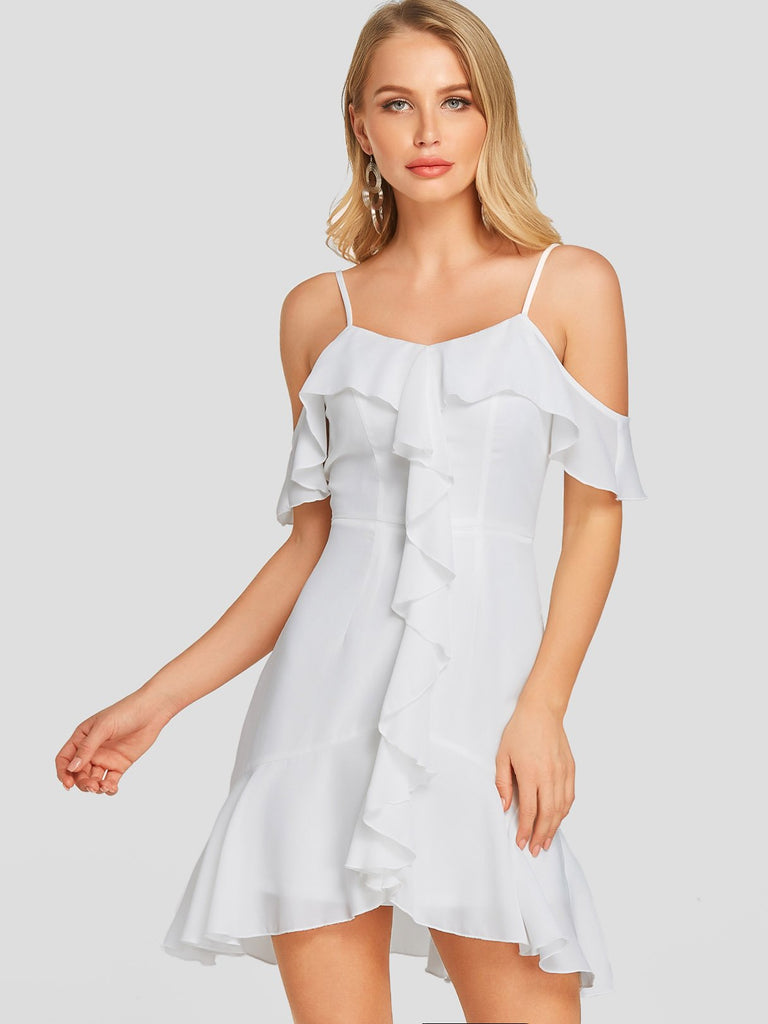White Cold Shoulder Short Sleeve Plain Zip Back Flounced Hem Mini Dresses