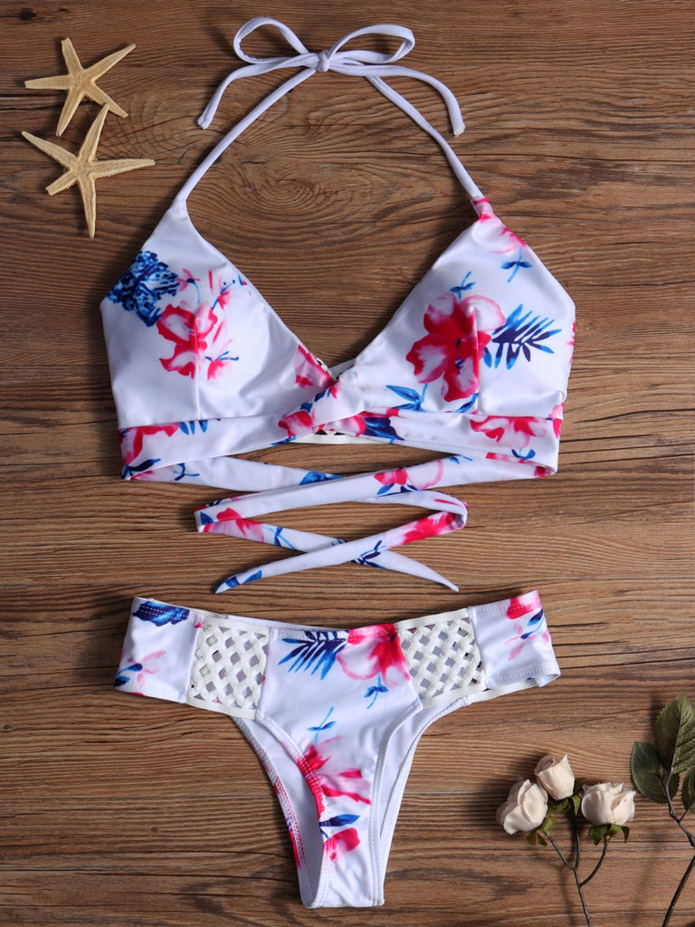 White Halter Sleeveless Floral Print Crossed Front Backless Two Piece Bikinis