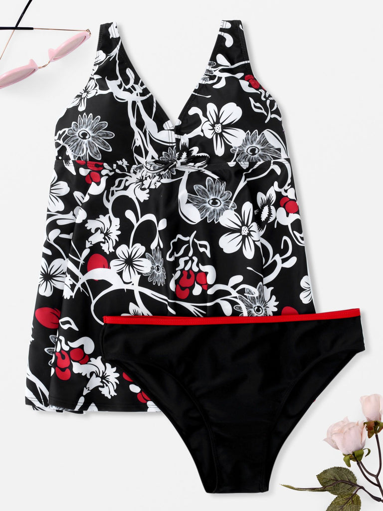 Black V-Neck Floral Print Bikinis