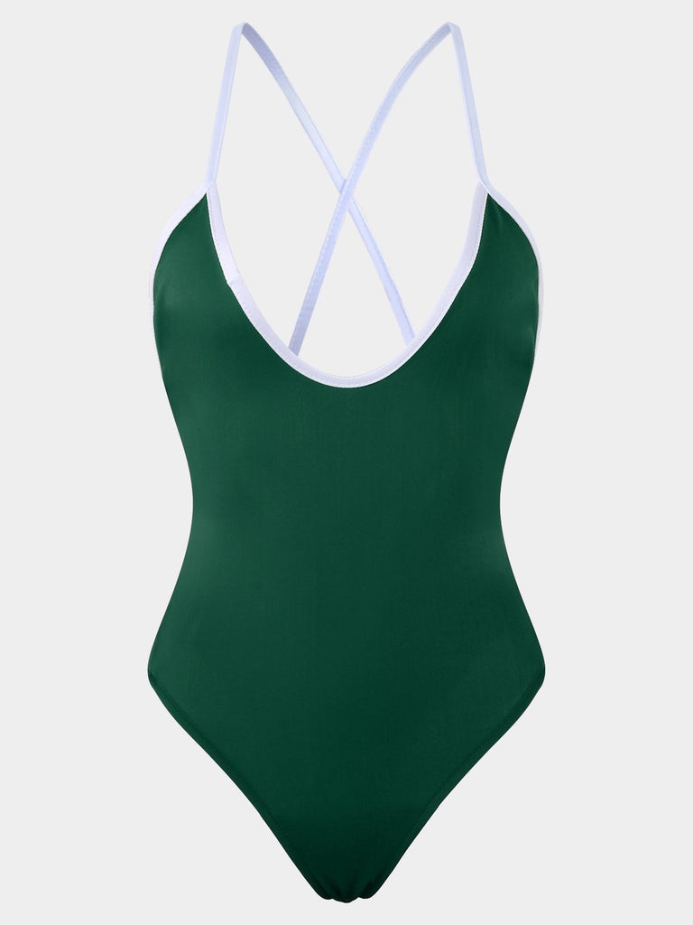 V-Neck Sleeveless Plain Backless One-Pieces Swimwears