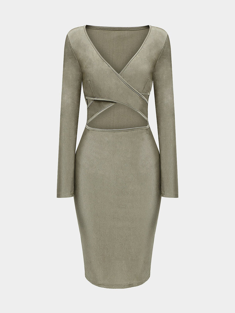 Khaki V-Neck Crossed Collar Long Sleeve Crossed Front Cut Out Bodycon Midi Dress