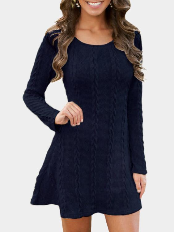 Navy Round Neck Long Sleeve Mini Dresses