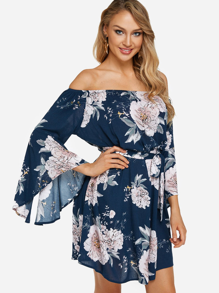 Navy Off The Shoulder Long Sleeve Floral Print Slit Belt Self-Tie Dresses