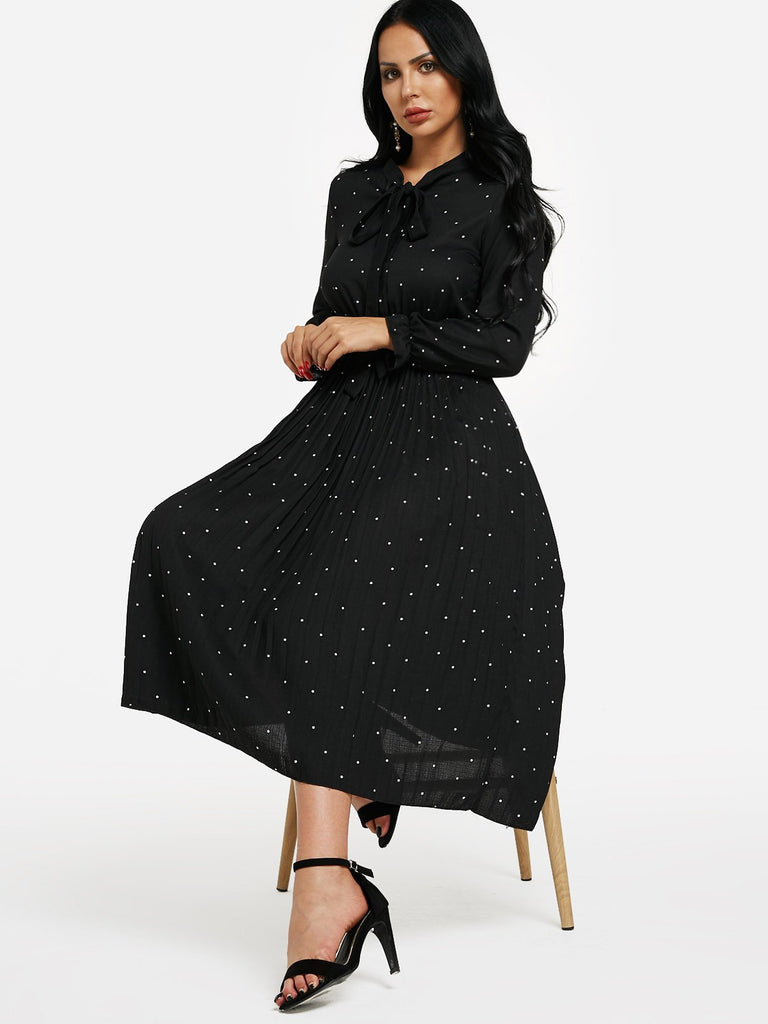 Black Round Neck Long Sleeve Polka Dot Lace-Up Maxi Dress