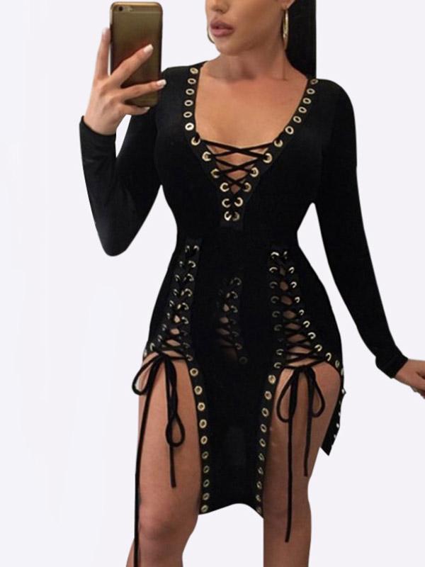 Black V-Neck Long Sleeve Lace-Up Cut Out Irregular Hem Mini Dresses