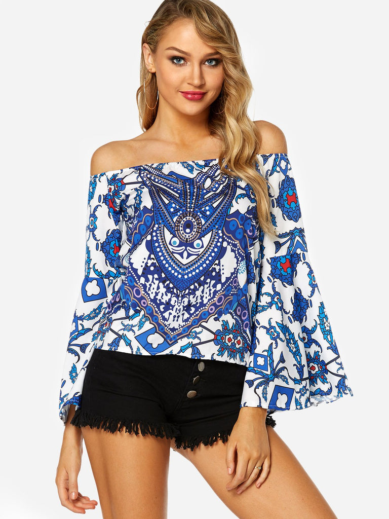Off The Shoulder Long Sleeve Blue Top