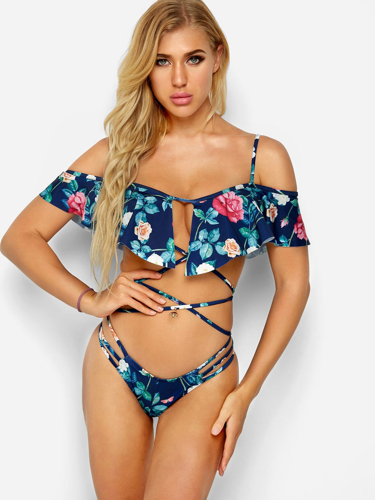 Cold Shoulder Floral Print Criss-Cross Short Sleeve Bikinis