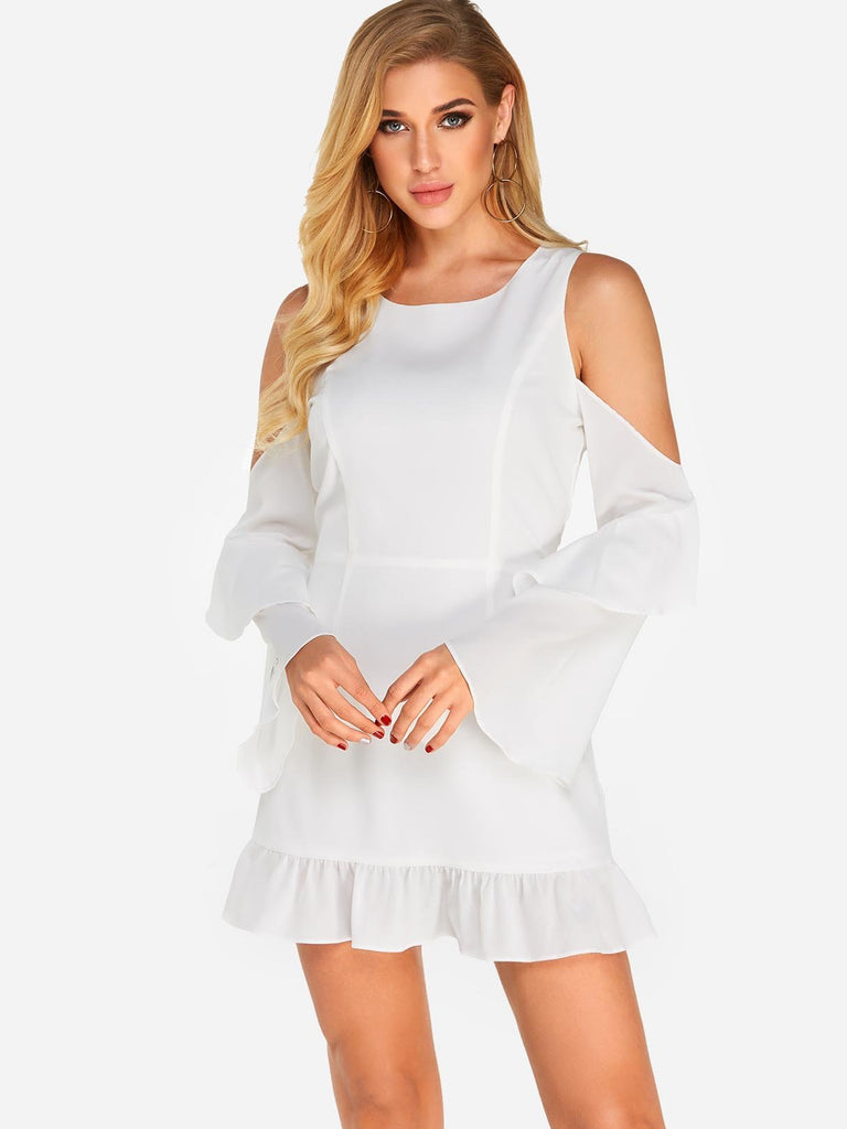 White Cold Shoulder Long Sleeve Plain Backless Mini Dress