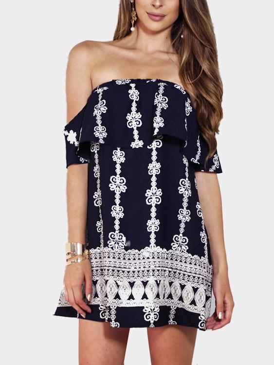 Navy Off The Shoulder Short Sleeve Floral Print Mini Dress