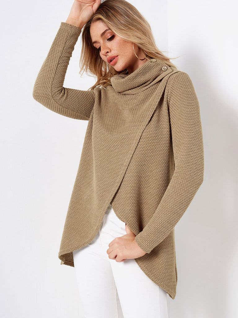 High Neck Plain Long Sleeve Khaki T-Shirts