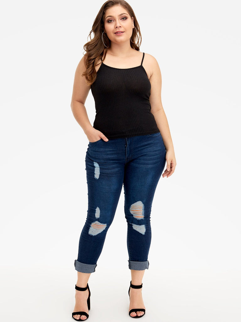 Plain Random Ripped Navy Plus Size Bottoms