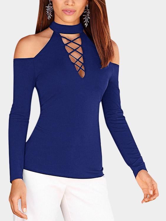 V-Neck Lace-Up Long Sleeve Blue T-Shirts