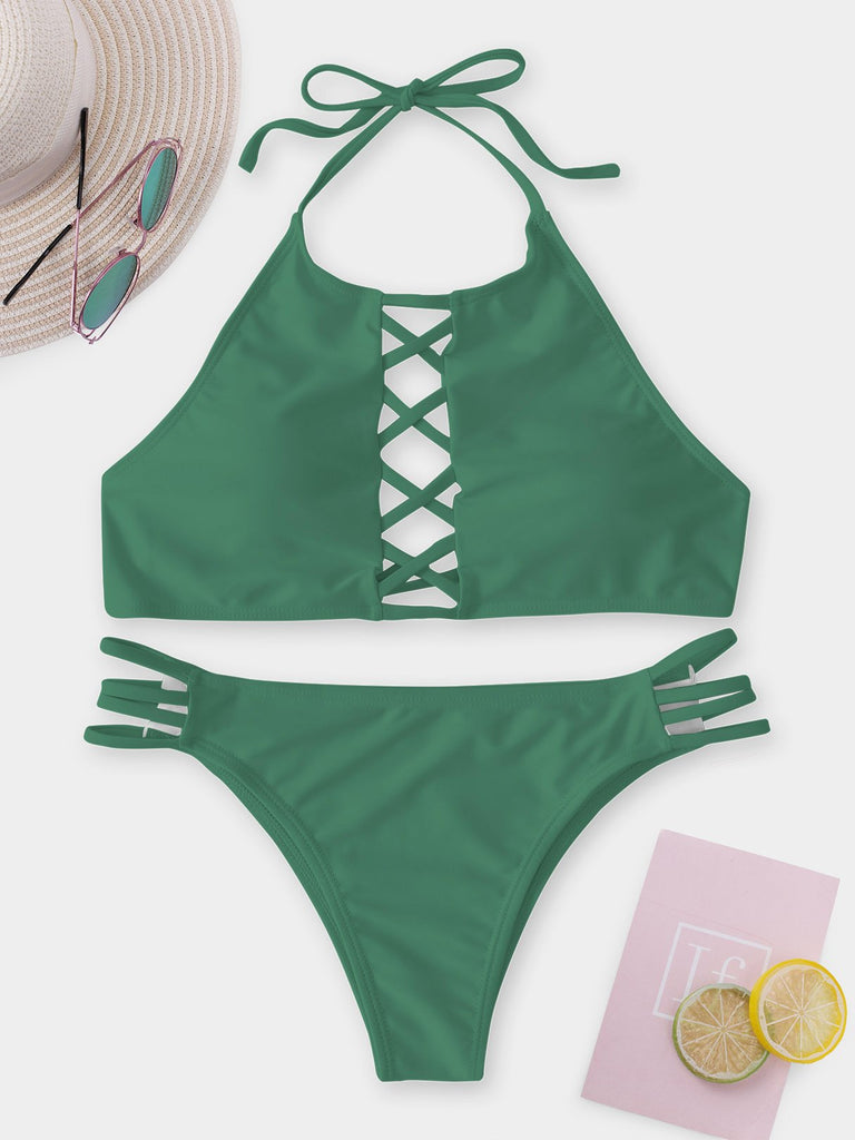 Halter Sleeveless Plain Lace-Up Tie-Up Two Piece Bikinis