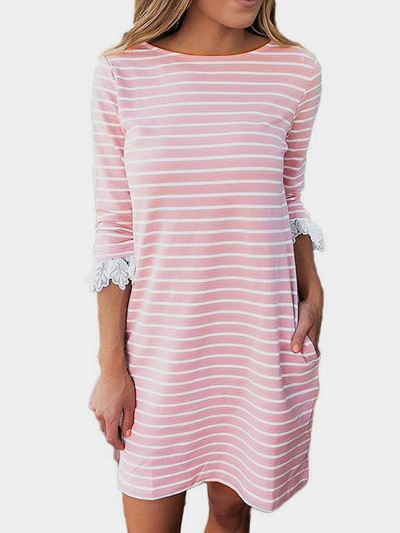 Pink Round Neck 3/4 Length Sleeve Stripe Lace Mini Dress