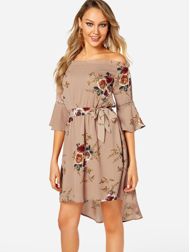 Apricot Off The Shoulder Half Sleeve Floral Print Irregular Hem Dresses