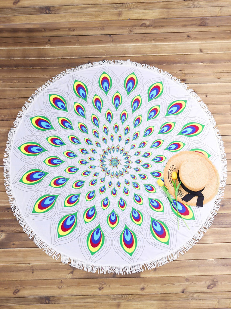 Feather Print Round Peacock Tessel Beach Towel