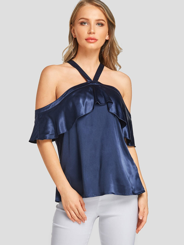 Cold Shoulder Plain Ruffle Trim Short Sleeve Navy T-Shirts