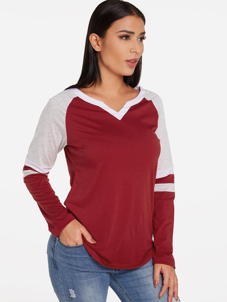 V-Neck Stripe Long Sleeve Curved Hem Red T-Shirts