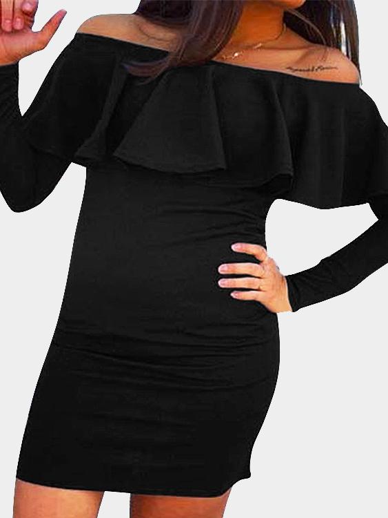 Black Off The Shoulder Long Sleeve Plain Bodycon Mini Dresses