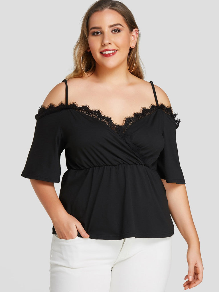 Cold Shoulder Wrap Short Sleeve Black Plus Size Tops