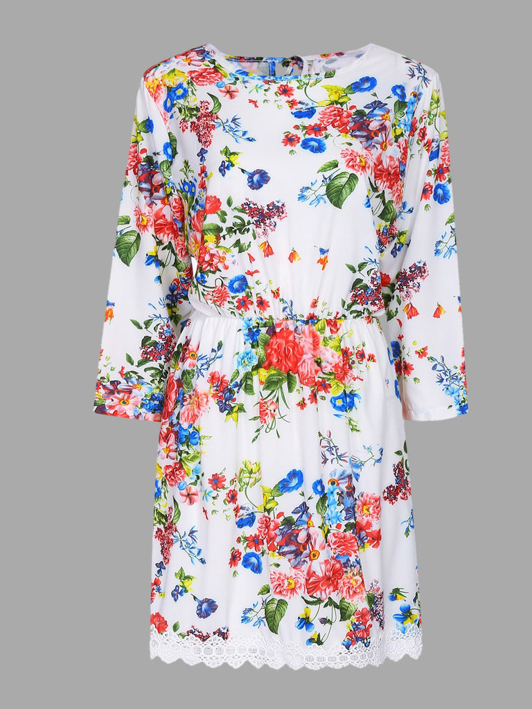 Round Neck 3/4 Sleeve Length Floral Print Lace Dresses