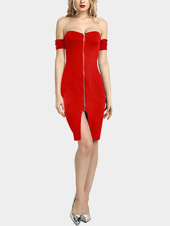 Off The Shoulder Zip Back Short Sleeve Slit Hem Red Dresses