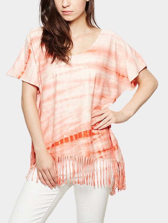 Round Neck Stripe Tassel Half Sleeve Orange T-Shirts