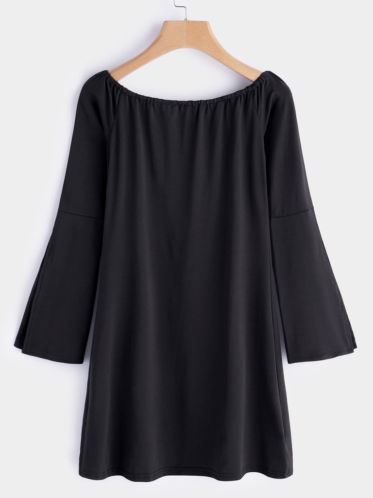 Black Off The Shoulder Long Sleeve Slit Hem Dresses