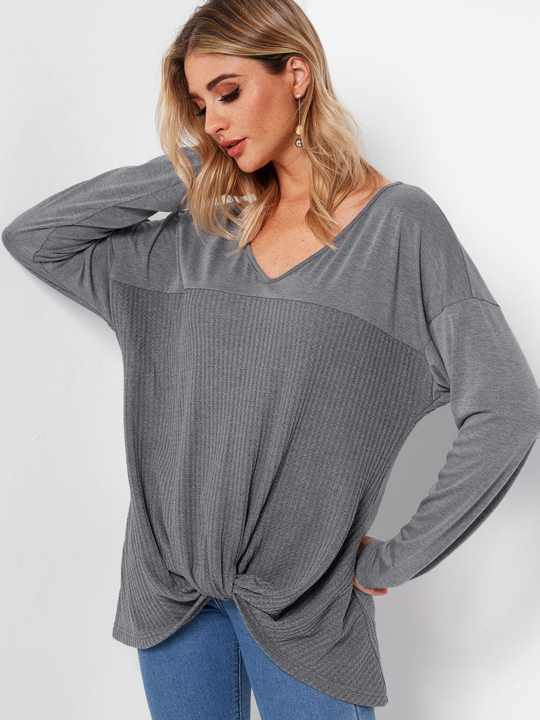 V-Neck Plain Long Sleeve Irregular Hem Grey T-Shirts