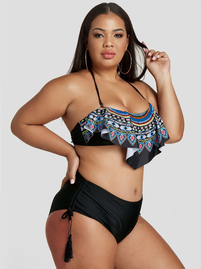 Tribal Print Tiered Tie-Up Sleeveless Tassel Hem Plus Size Swimwear