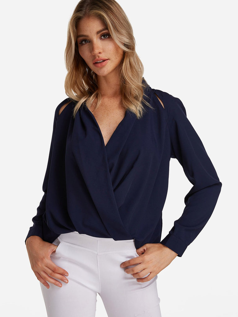 V-Neck Crossed Front Hollow Long Sleeve Irregular Hem Navy Blouses