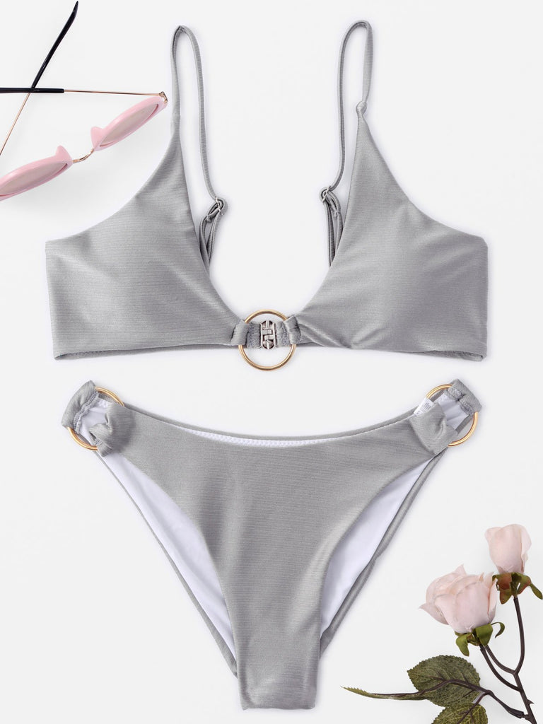 Metallic Buckle Sleeveless Silver Bikini Set