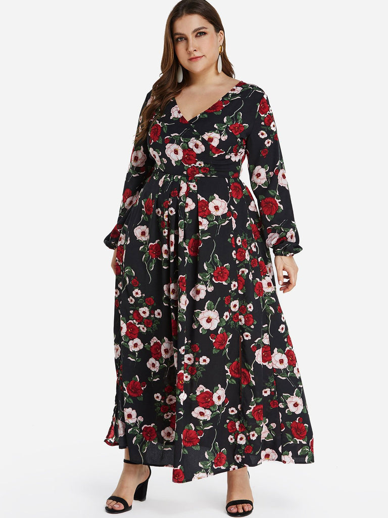 V-Neck Floral Print Self-Tie Wrap Long Sleeve Slit Hem Plus Size Dress