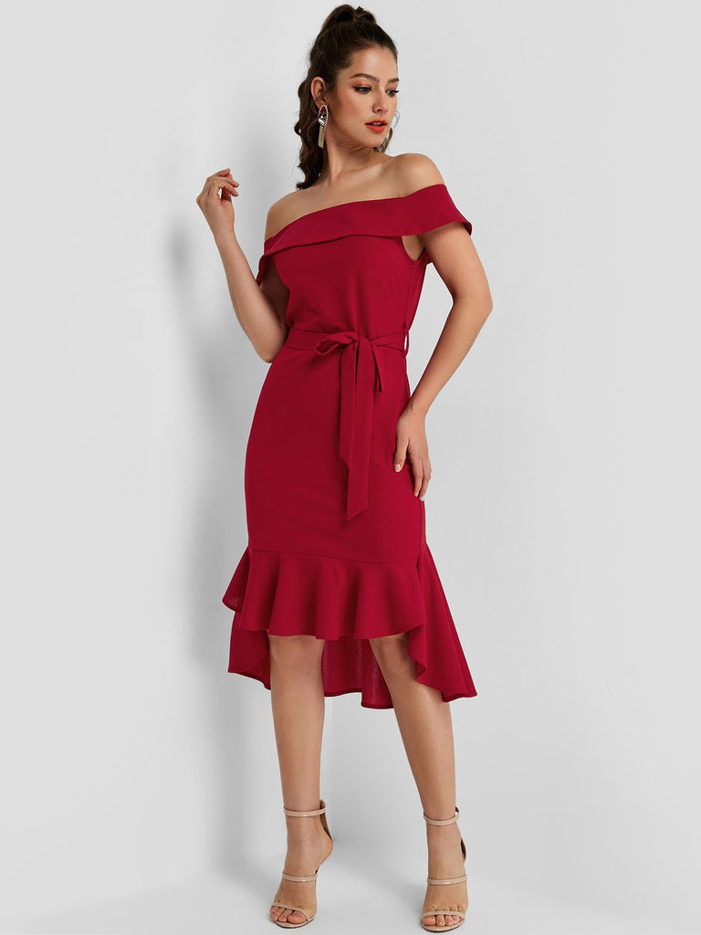 Burgundy Off The Shoulder Belt Flounced Hem Dresses