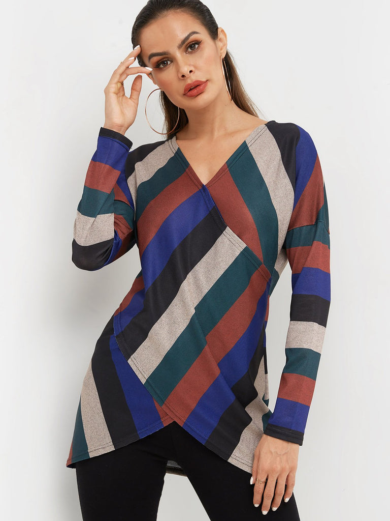 V-Neck Stripe Crossed Front Long Sleeve Irregular Hem T-Shirts