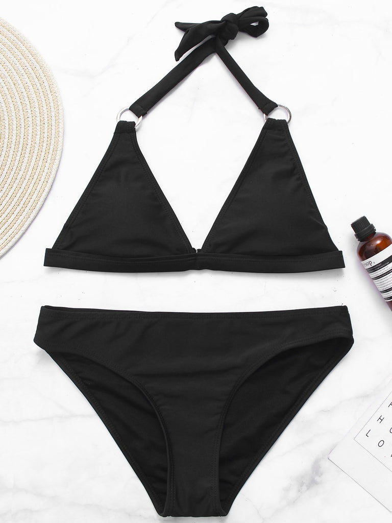 Black Halter V-Neck Sleeveless Plain Bikinis