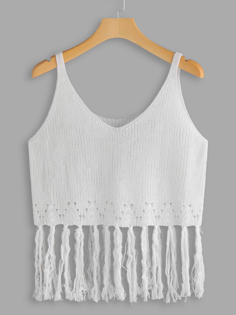 Scoop Neck Plain Tassel Sleeveless White Camis