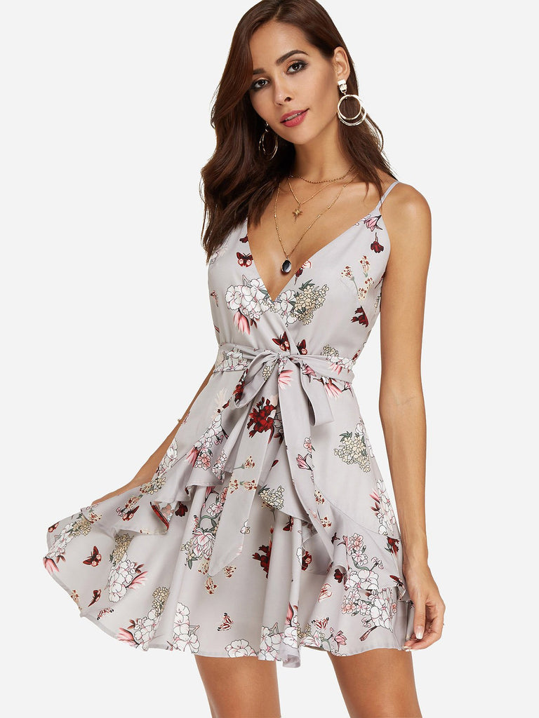 Grey V-Neck Sleeveless Floral Print Zip Back Spaghetti Strap Self-Tie Wrap Flounced Hem Dresses