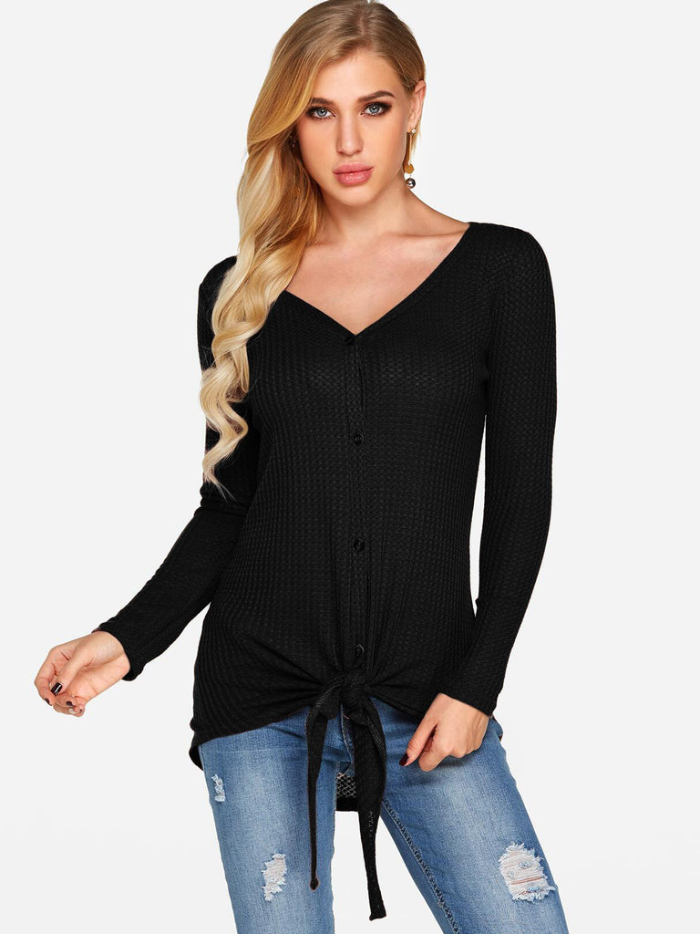 V-Neck Plain Long Sleeve T-Shirts