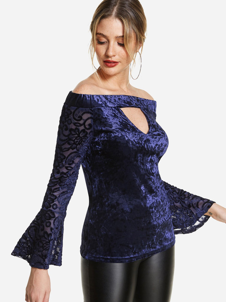 Off The Shoulder Cut Out Long Sleeve Navy Top
