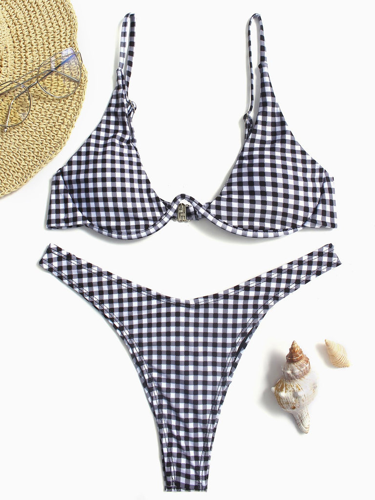 Black V-Neck Sleeveless Grid Two Piece Bikini