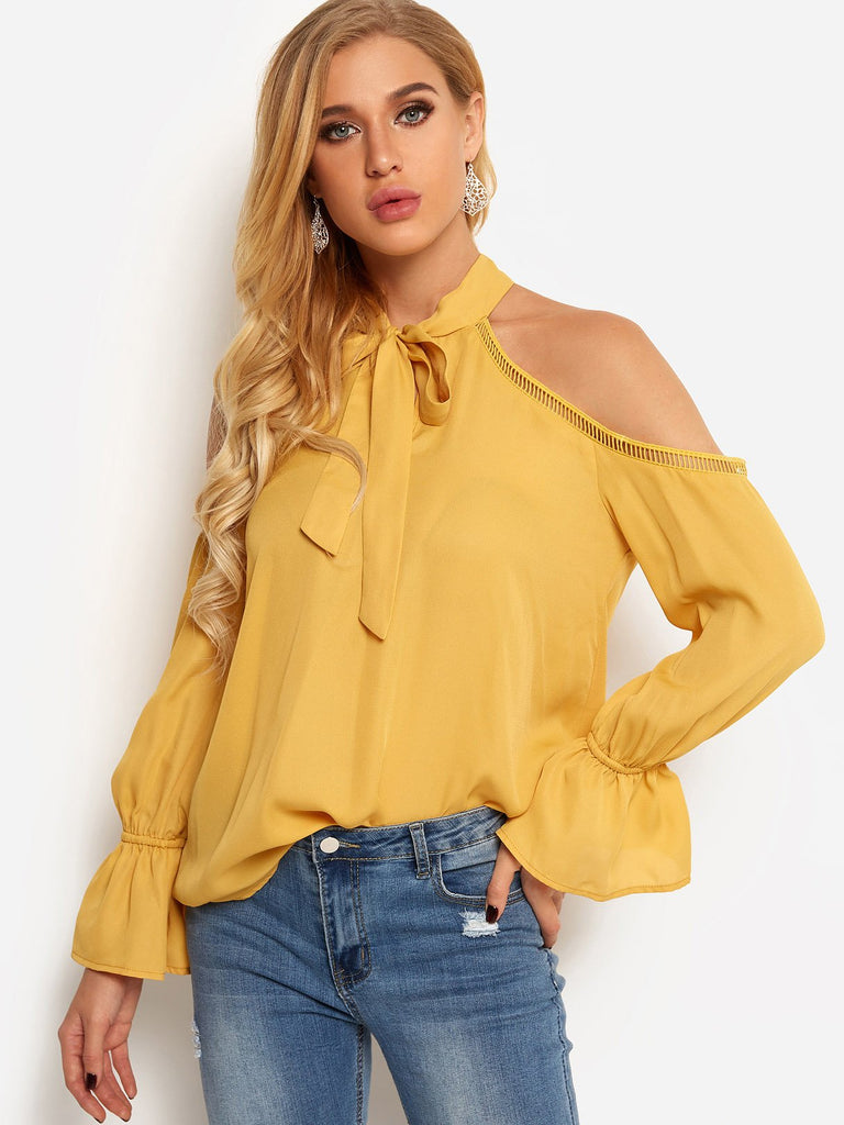 Perkins Collar Plain Hollow Cut Out Self-Tie Long Sleeve Flounced Hem Yellow Blouses