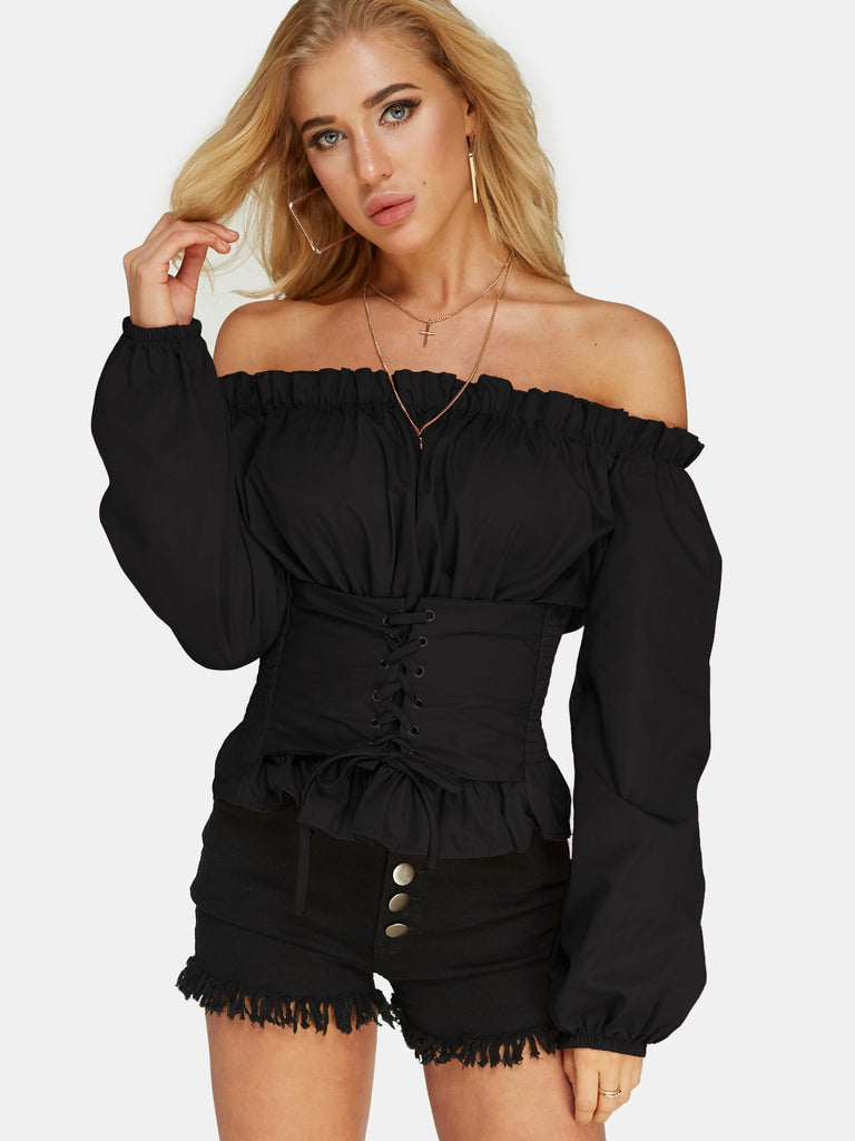 Off The Shoulder Plain Lace-Up Long Sleeve Black Top