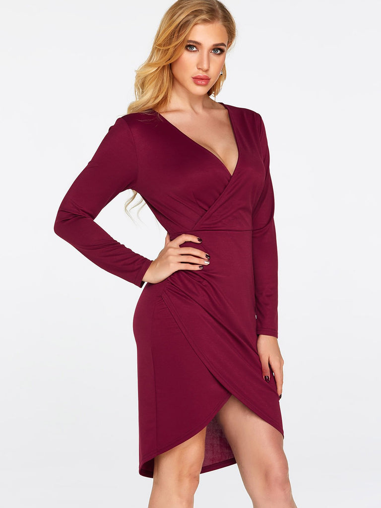 Burgundy V-Neck Long Sleeve Plain Crossed Front Wrap Irregular Hem Dresses