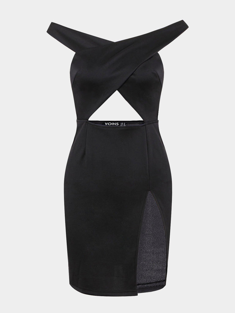 Black Off The Shoulder Sleeveless Plain Bodycon Hem Dresses